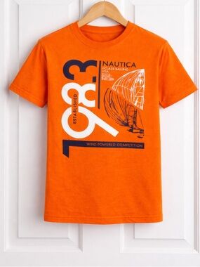 Nautica Boys Orange Graphic Tee Medium 10-12 Sailing Logo Shirt Summer